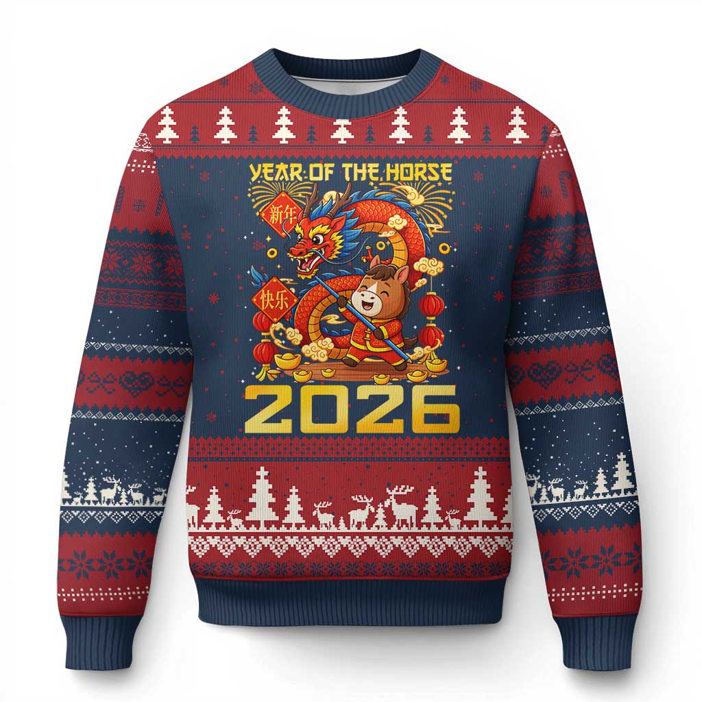 Chinese New Year 2026 Ugly Christmas Sweater LYE Year of The Horse TS10 Navy Red Print Your Wear