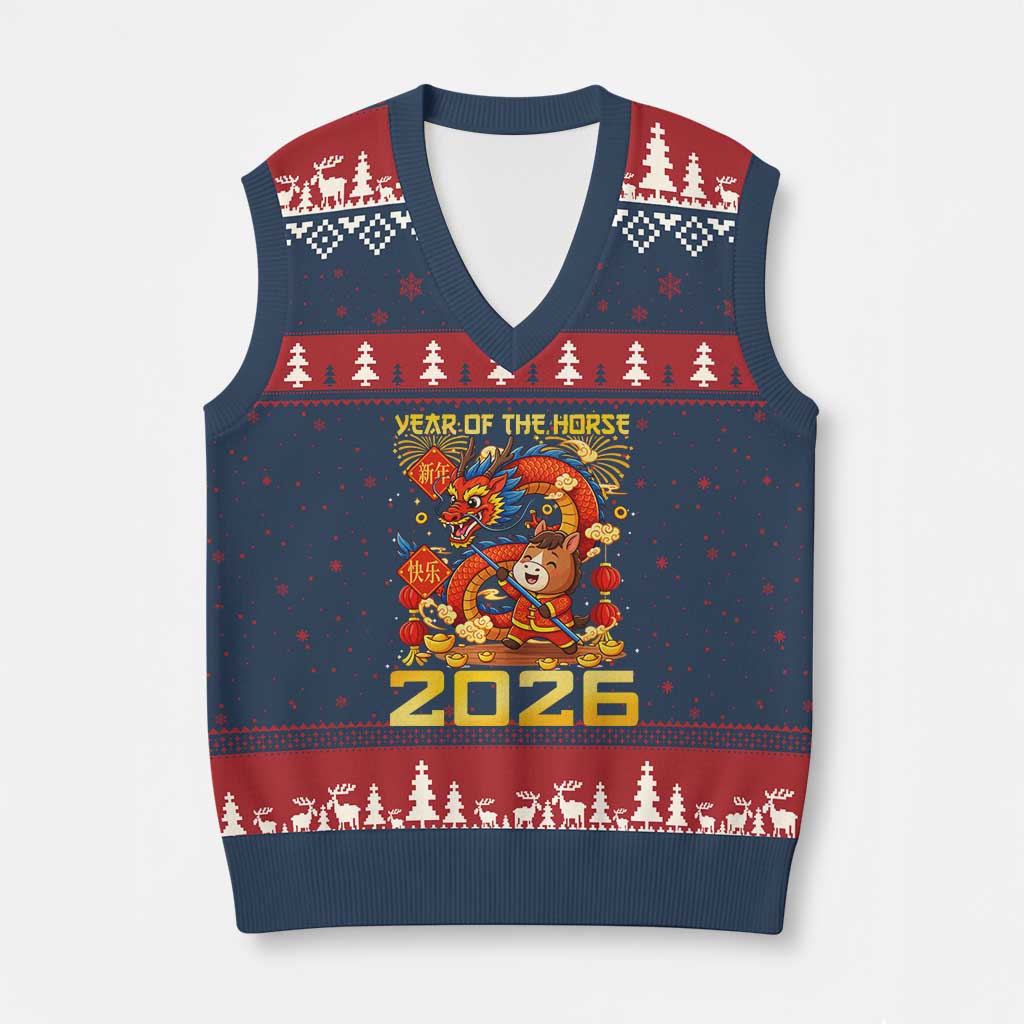Chinese New Year 2026 V-Neck Knit Sweater Vest LYE Year of The Horse TS10 Navy Red Print Your Wear
