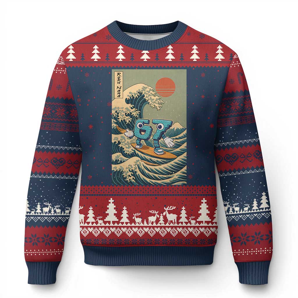 67 Surfing Japanese Ugly Christmas Sweater Funny Great Wave Off Kanagawa Six Seven Brainrot Meme TS10 Navy Red Print Your Wear