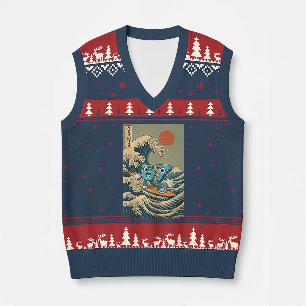 67 Surfing Japanese V-Neck Knit Sweater Vest Funny Great Wave Off Kanagawa Six Seven Brainrot Meme TS10 Navy Red Print Your Wear