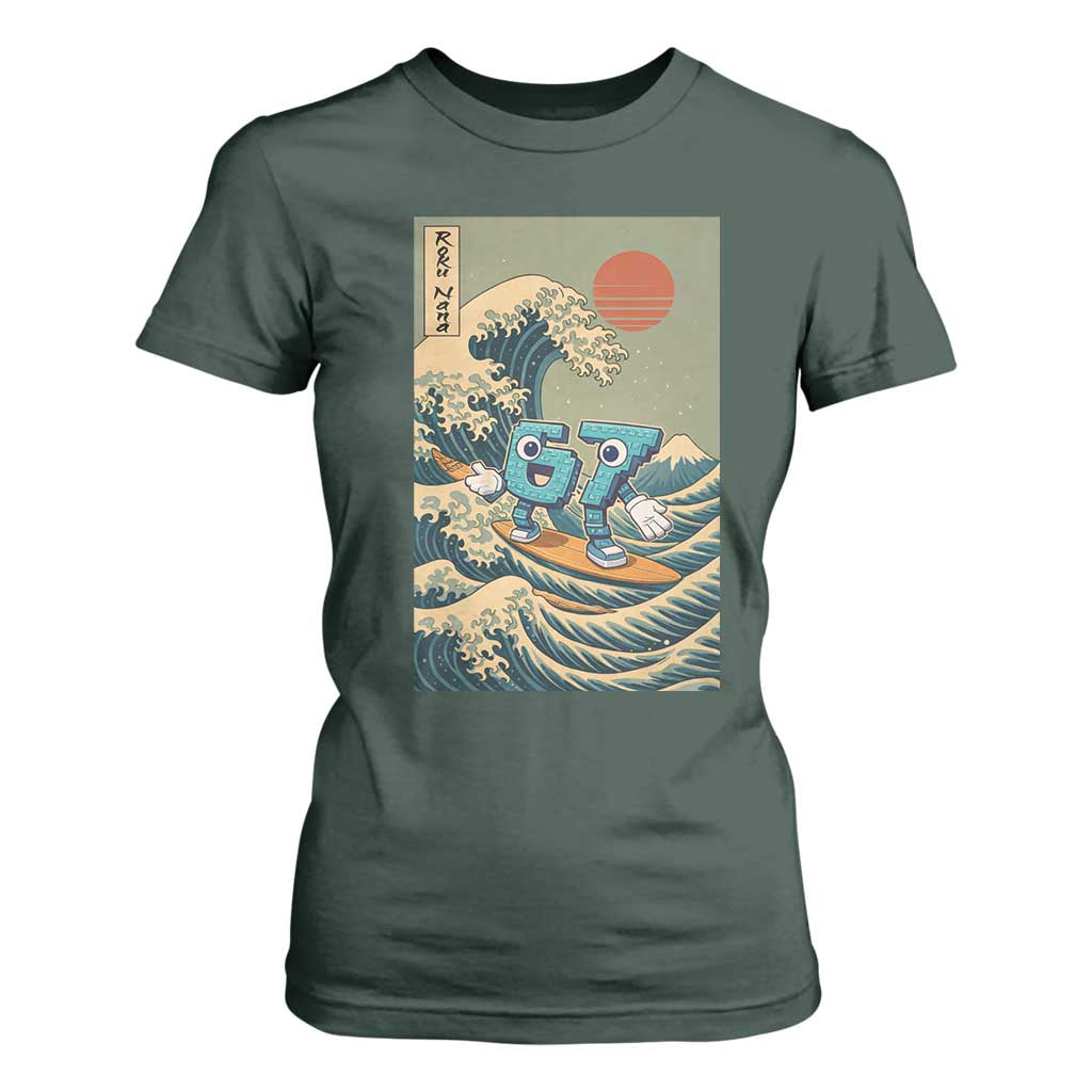 67 Surfing Japanese T Shirt For Women Funny Great Wave Off Kanagawa Six Seven Brainrot Meme TS10 Dark Forest Green Print Your Wear