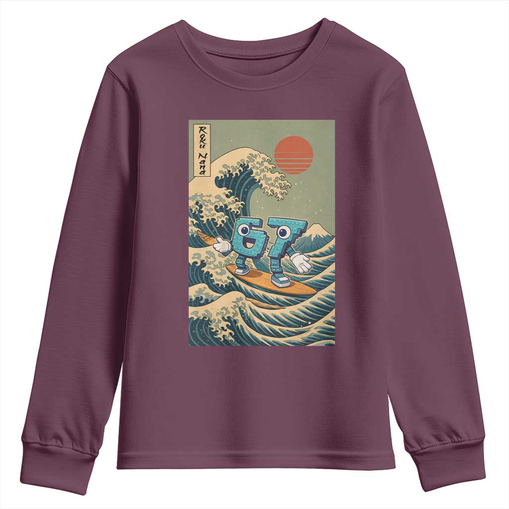 67 Surfing Japanese Youth Sweatshirt Funny Great Wave Off Kanagawa Six Seven Brainrot Meme TS10 Maroon Print Your Wear