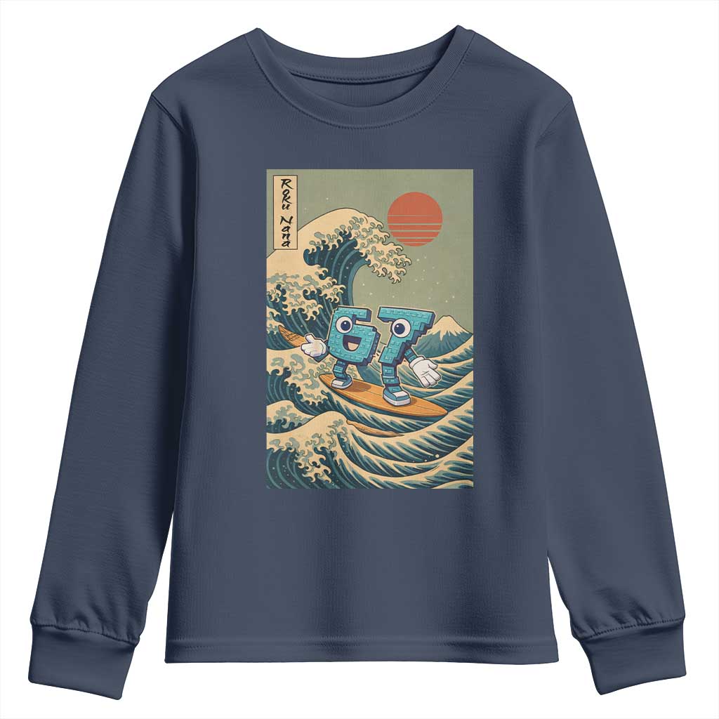67 Surfing Japanese Youth Sweatshirt Funny Great Wave Off Kanagawa Six Seven Brainrot Meme TS10 Navy Print Your Wear