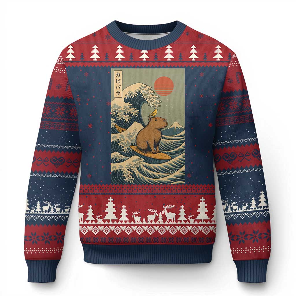 Capybara Surfing Japanese Ugly Christmas Sweater Vintage Great Wave Off Kanagawa Anime Kawaii TS10 Navy Red Print Your Wear