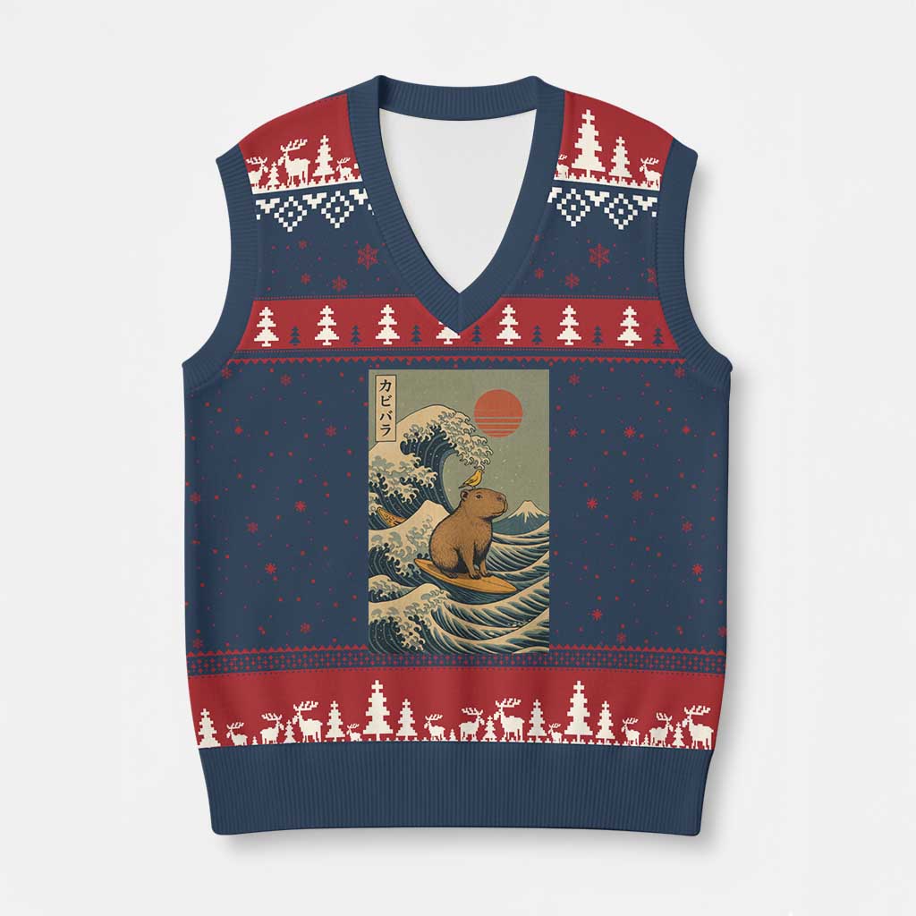 Capybara Surfing Japanese V-Neck Knit Sweater Vest Vintage Great Wave Off Kanagawa Anime Kawaii TS10 Navy Red Print Your Wear