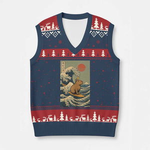 Capybara Surfing Japanese V-Neck Knit Sweater Vest Vintage Great Wave Off Kanagawa Anime Kawaii TS10 Navy Red Print Your Wear