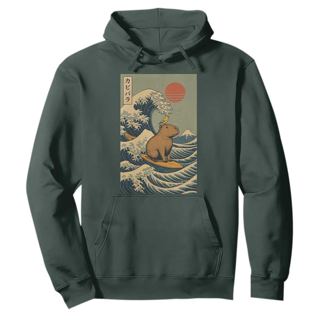 Capybara Surfing Japanese Hoodie Vintage Great Wave Off Kanagawa Anime Kawaii TS10 Dark Forest Green Print Your Wear