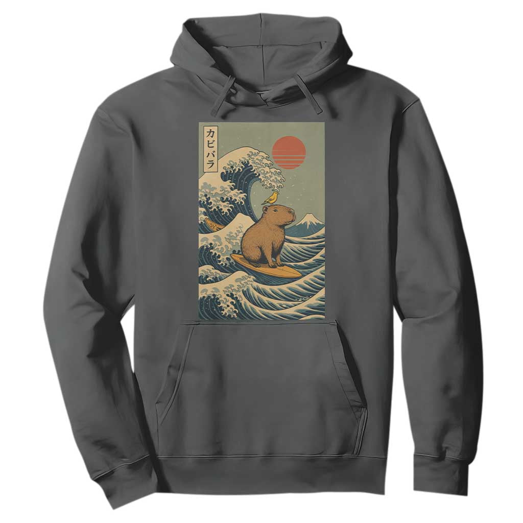 Capybara Surfing Japanese Hoodie Vintage Great Wave Off Kanagawa Anime Kawaii TS10 Dark Heather Print Your Wear