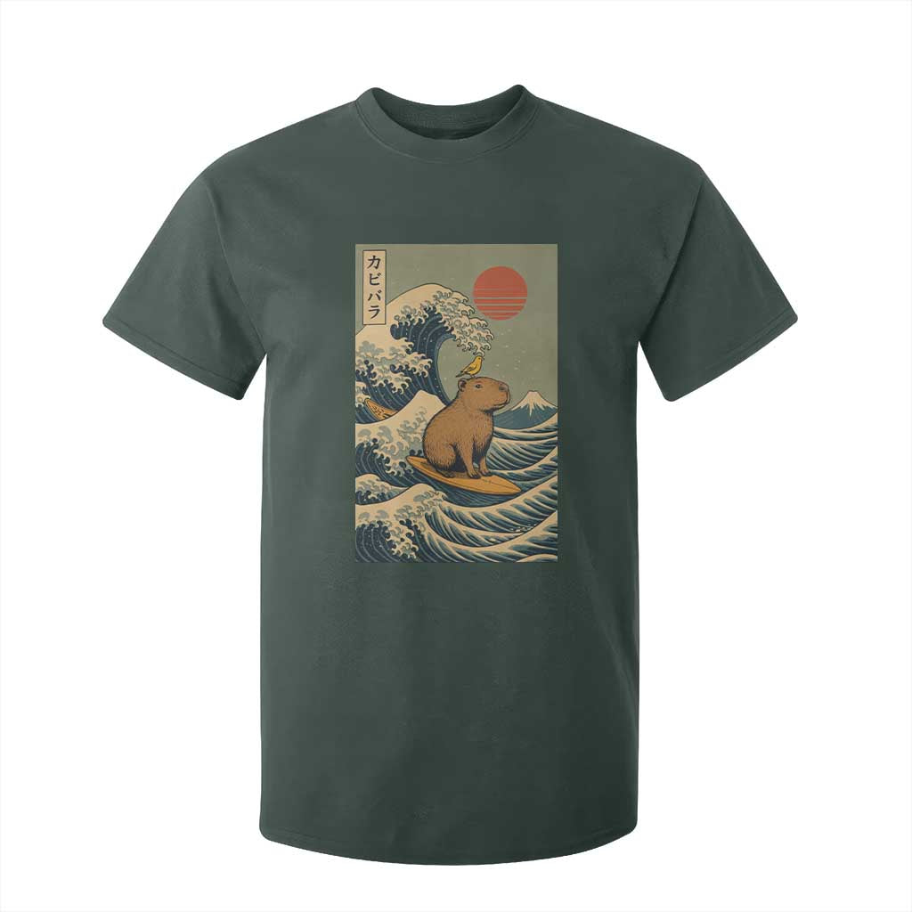 Capybara Surfing Japanese T Shirt For Kid Vintage Great Wave Off Kanagawa Anime Kawaii TS10 Dark Forest Green Print Your Wear