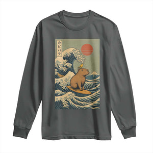 Capybara Surfing Japanese Long Sleeve Shirt Vintage Great Wave Off Kanagawa Anime Kawaii TS10 Dark Heather Print Your Wear