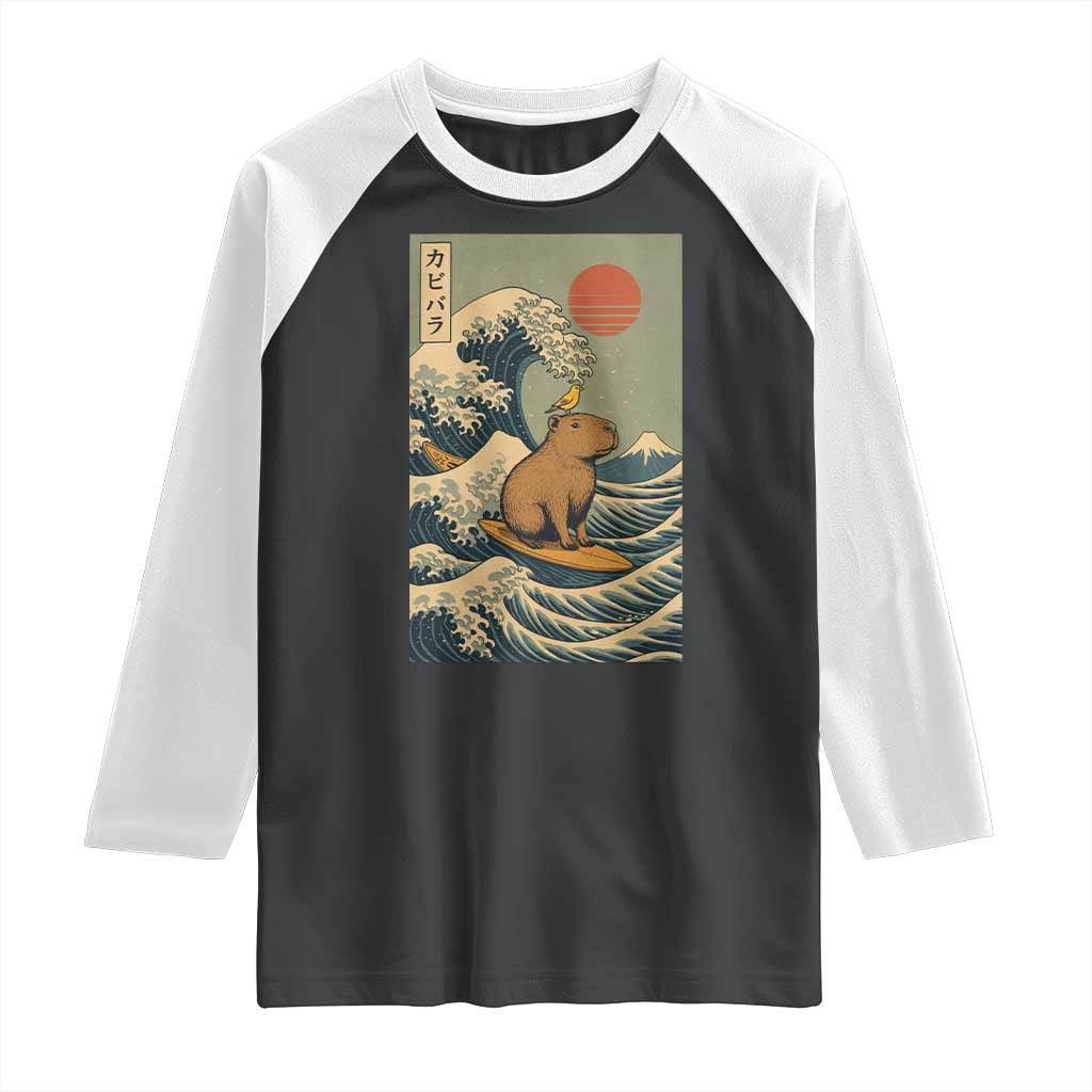 Capybara Surfing Japanese Raglan Shirt Vintage Great Wave Off Kanagawa Anime Kawaii TS10 Black White Print Your Wear
