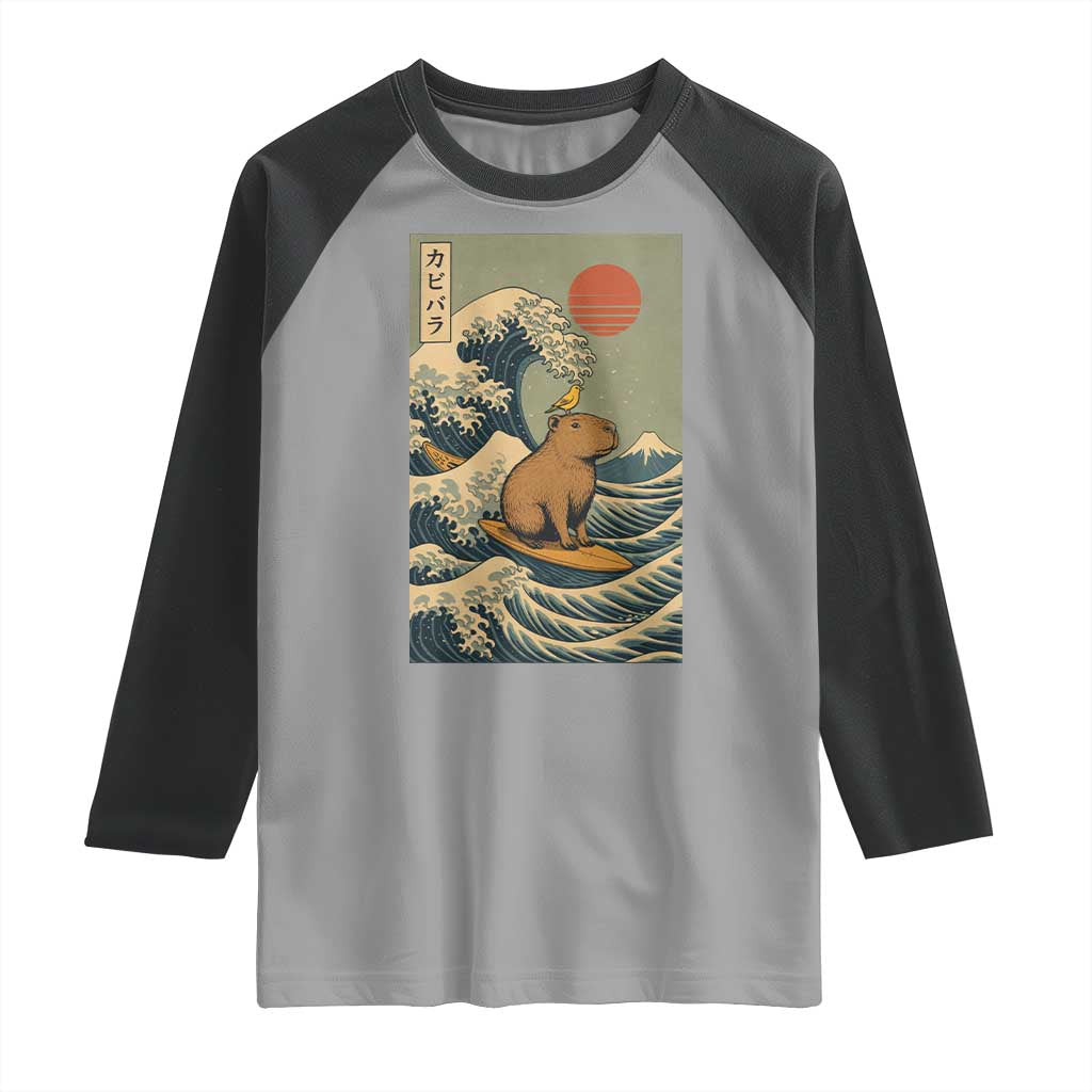 Capybara Surfing Japanese Raglan Shirt Vintage Great Wave Off Kanagawa Anime Kawaii TS10 Sport Gray Black Print Your Wear