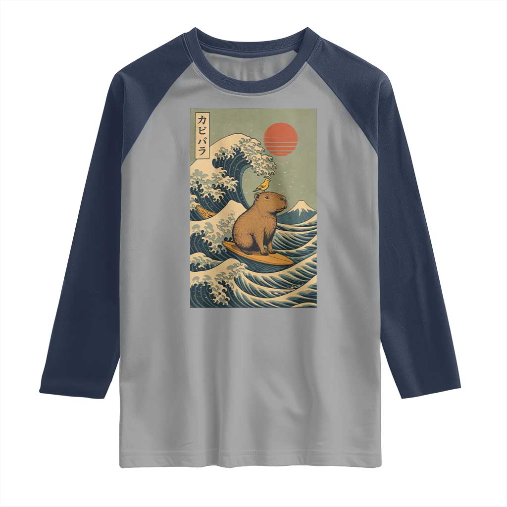 Capybara Surfing Japanese Raglan Shirt Vintage Great Wave Off Kanagawa Anime Kawaii TS10 Sport Gray Navy Print Your Wear