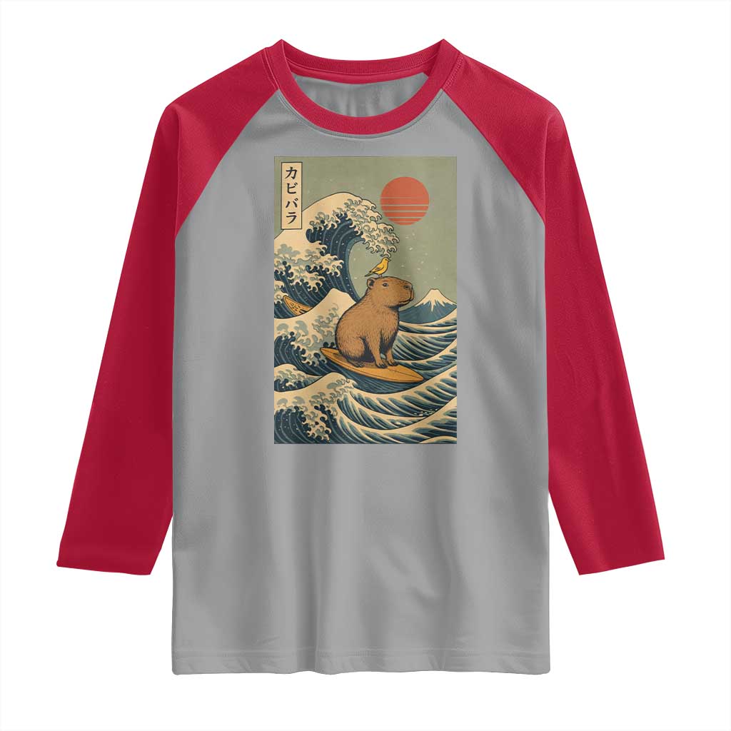 Capybara Surfing Japanese Raglan Shirt Vintage Great Wave Off Kanagawa Anime Kawaii TS10 Sport Gray Red Print Your Wear
