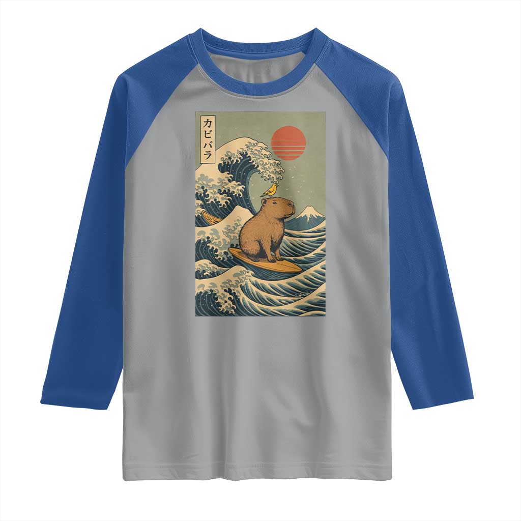 Capybara Surfing Japanese Raglan Shirt Vintage Great Wave Off Kanagawa Anime Kawaii TS10 Sport Gray Royal Print Your Wear