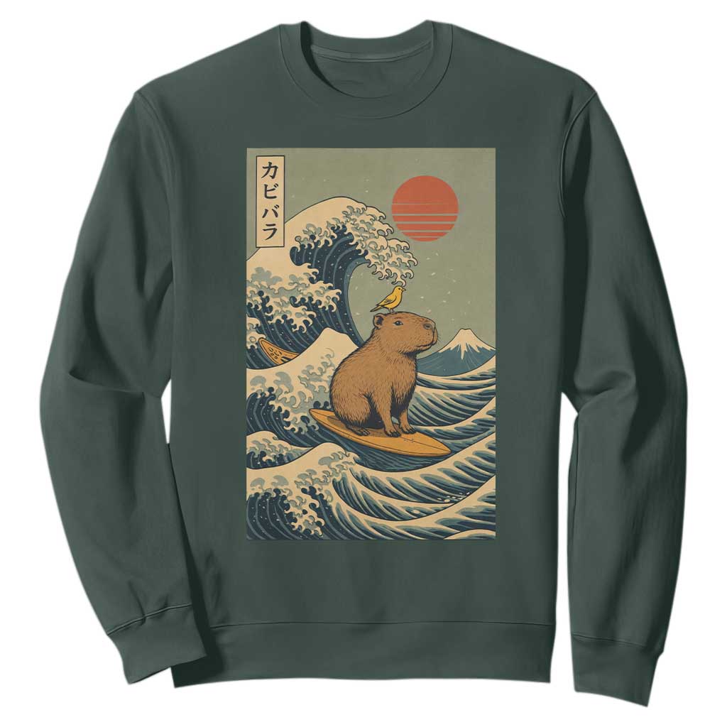 Capybara Surfing Japanese Sweatshirt Vintage Great Wave Off Kanagawa Anime Kawaii TS10 Dark Forest Green Print Your Wear