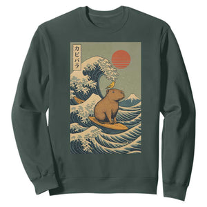 Capybara Surfing Japanese Sweatshirt Vintage Great Wave Off Kanagawa Anime Kawaii TS10 Dark Forest Green Print Your Wear