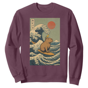 Capybara Surfing Japanese Sweatshirt Vintage Great Wave Off Kanagawa Anime Kawaii TS10 Maroon Print Your Wear