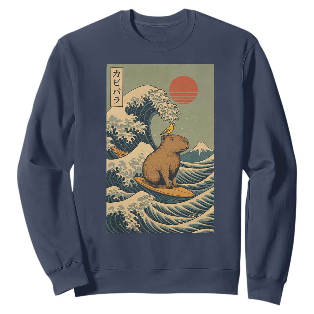 Capybara Surfing Japanese Sweatshirt Vintage Great Wave Off Kanagawa Anime Kawaii TS10 Navy Print Your Wear