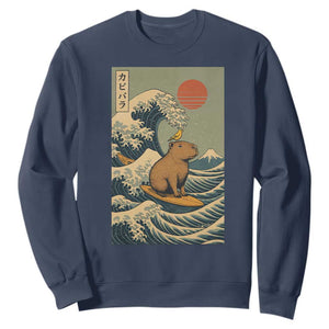 Capybara Surfing Japanese Sweatshirt Vintage Great Wave Off Kanagawa Anime Kawaii TS10 Navy Print Your Wear