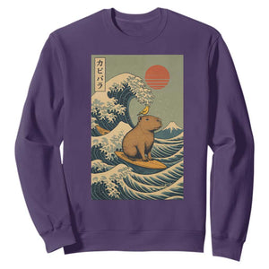 Capybara Surfing Japanese Sweatshirt Vintage Great Wave Off Kanagawa Anime Kawaii TS10 Purple Print Your Wear