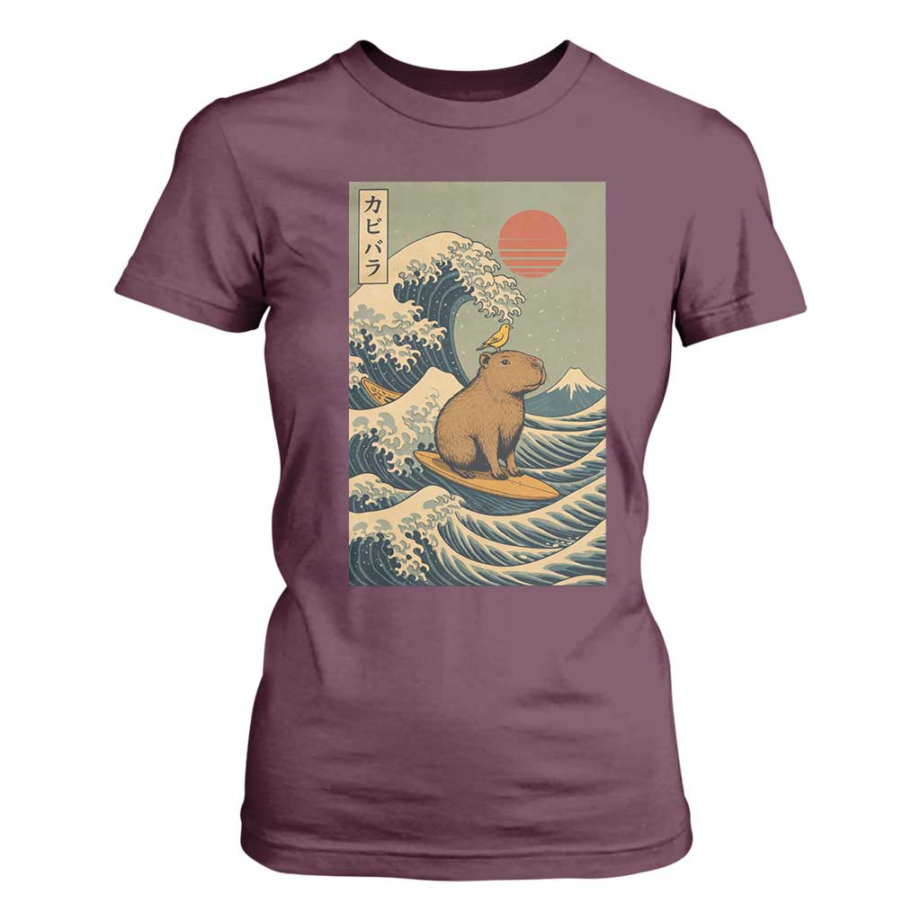Capybara Surfing Japanese T Shirt For Women Vintage Great Wave Off Kanagawa Anime Kawaii TS10 Maroon Print Your Wear