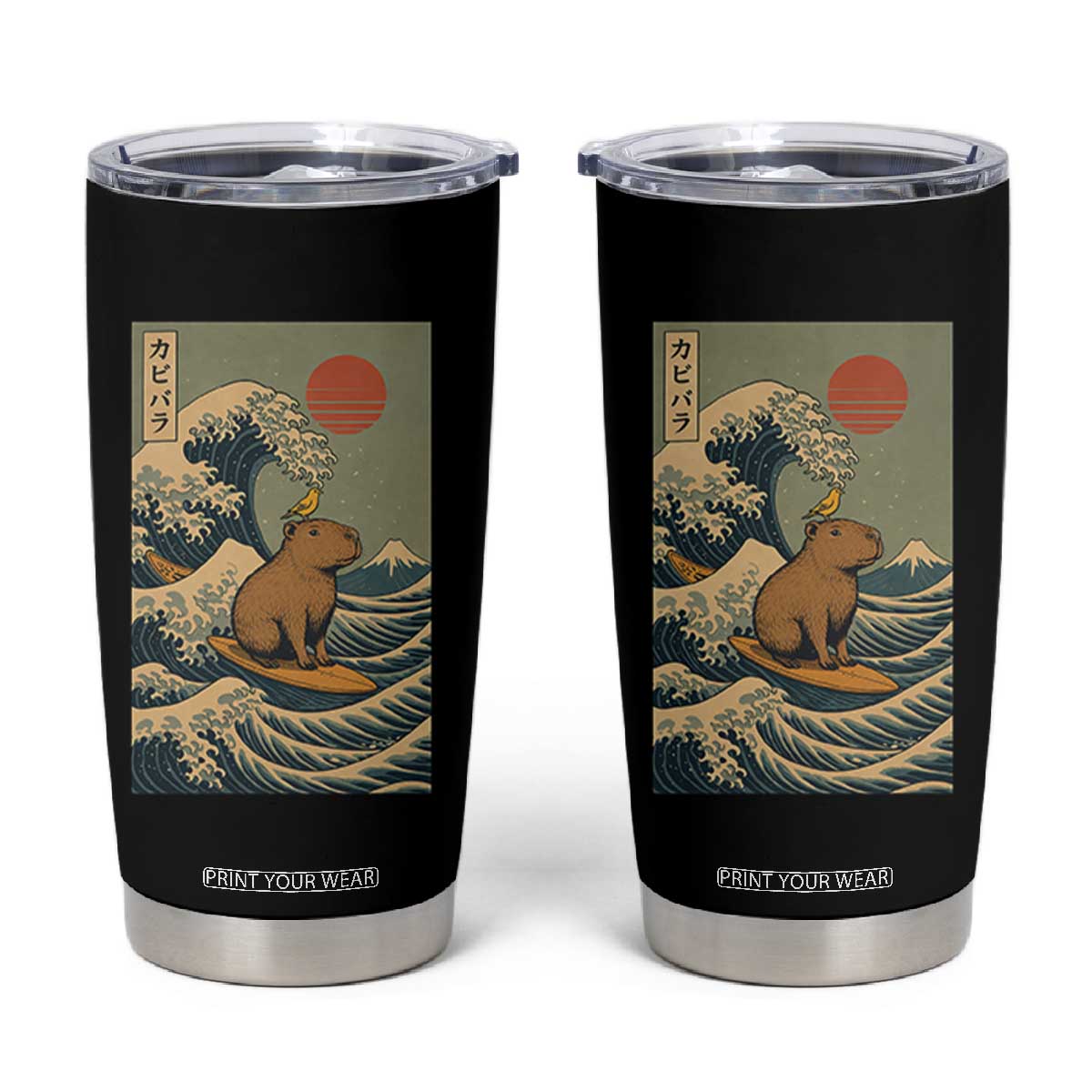 Capybara Surfing Japanese Tumbler Cup Vintage Great Wave Off Kanagawa Anime Kawaii TS10 Black Print Your Wear