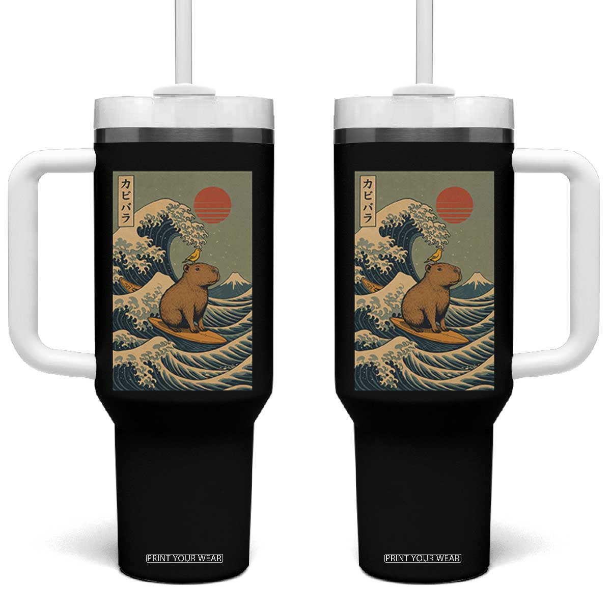 Capybara Surfing Japanese Tumbler With Handle Vintage Great Wave Off Kanagawa Anime Kawaii TS10 One Size: 40 oz Black Print Your Wear