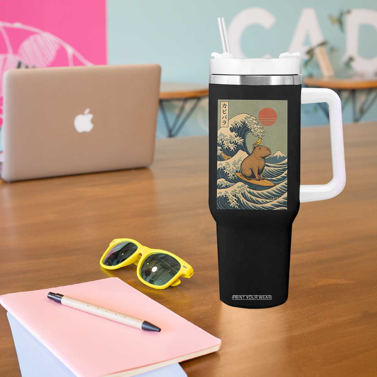 Capybara Surfing Japanese Tumbler With Handle Vintage Great Wave Off Kanagawa Anime Kawaii TS10 Print Your Wear