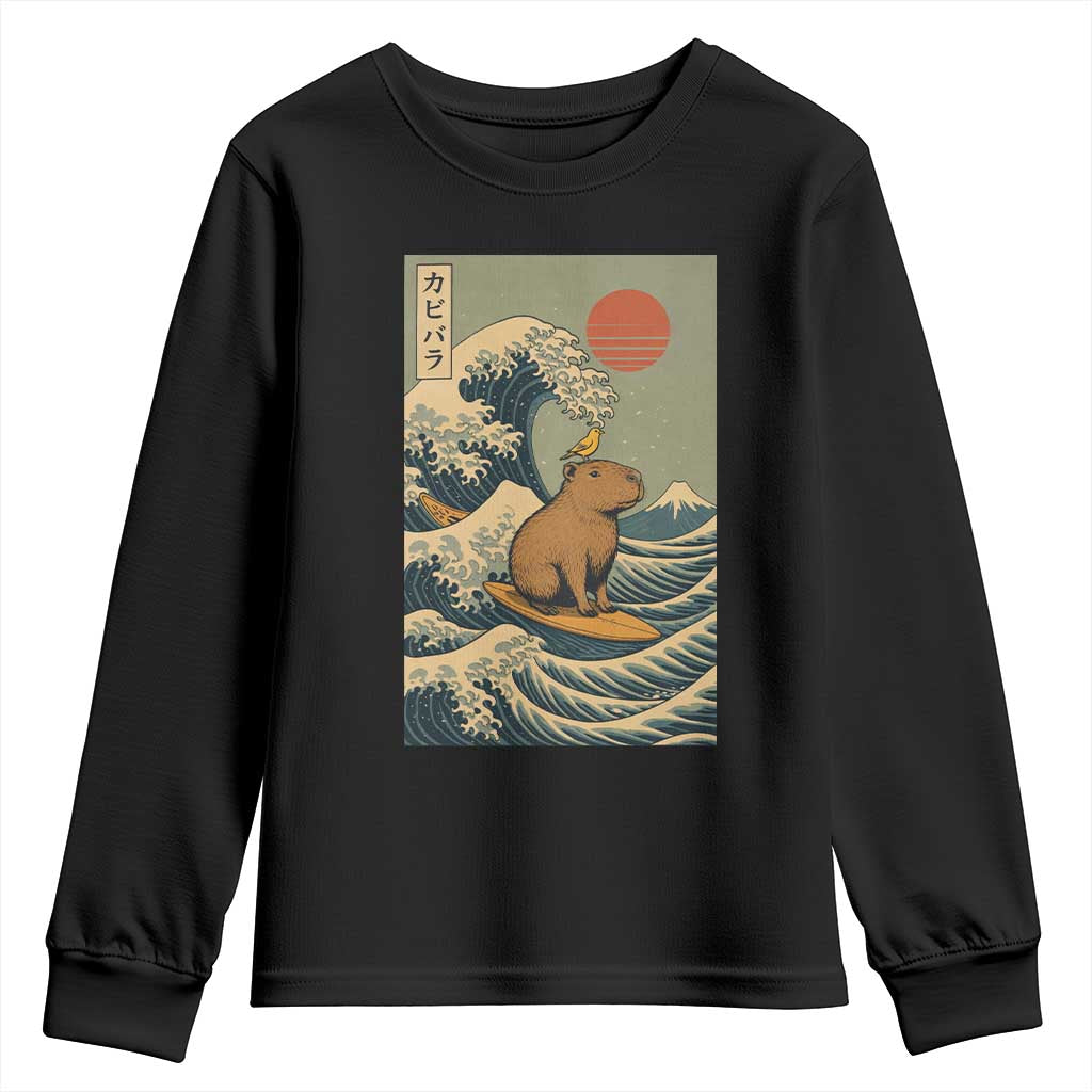Capybara Surfing Japanese Youth Sweatshirt Vintage Great Wave Off Kanagawa Anime Kawaii TS10 Black Print Your Wear