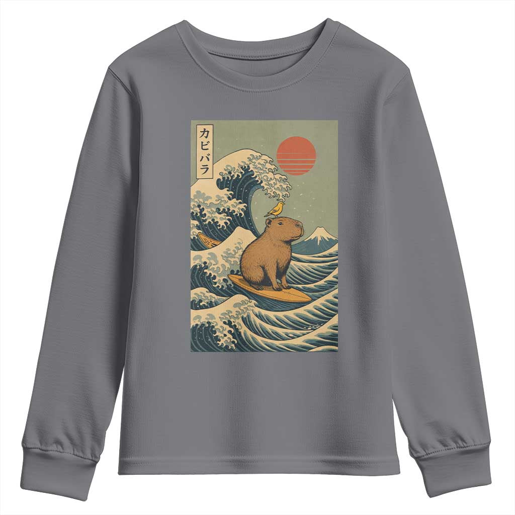Capybara Surfing Japanese Youth Sweatshirt Vintage Great Wave Off Kanagawa Anime Kawaii TS10 Charcoal Print Your Wear
