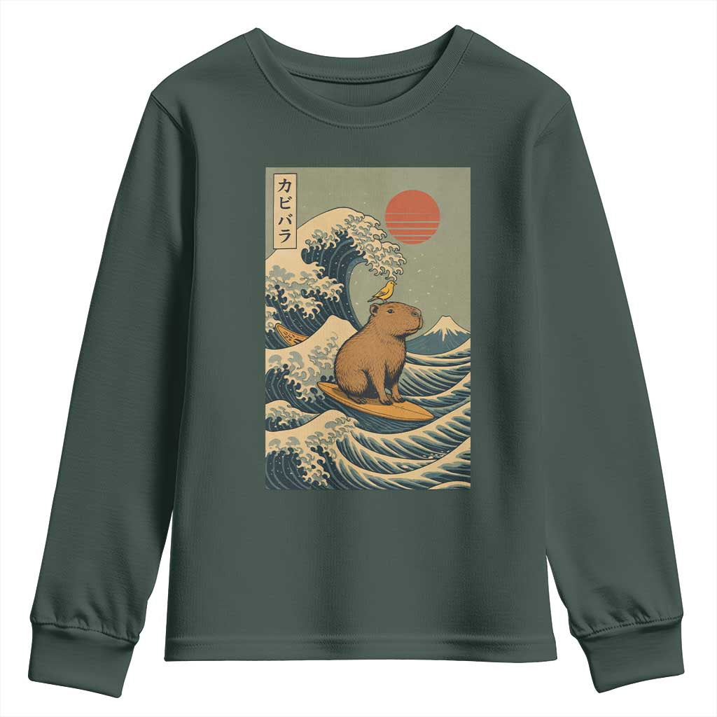 Capybara Surfing Japanese Youth Sweatshirt Vintage Great Wave Off Kanagawa Anime Kawaii TS10 Dark Forest Green Print Your Wear