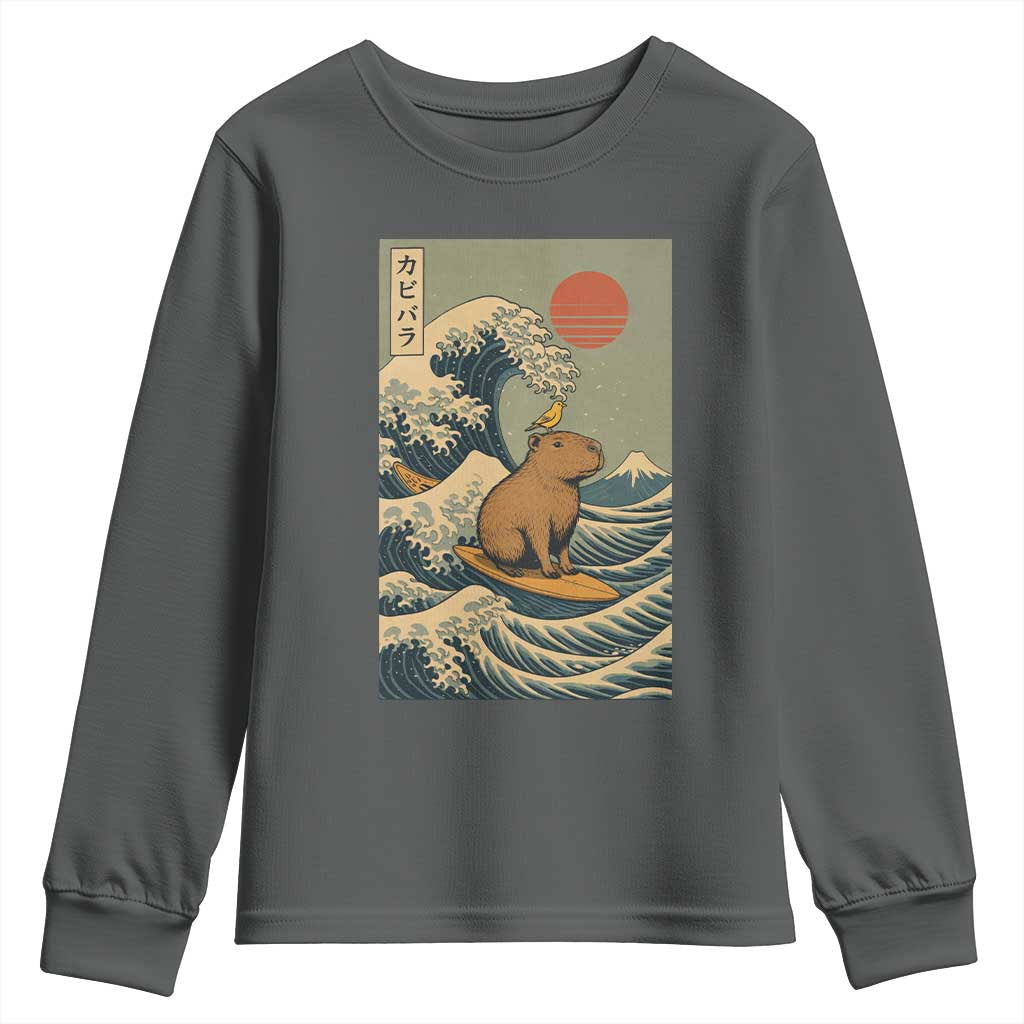 Capybara Surfing Japanese Youth Sweatshirt Vintage Great Wave Off Kanagawa Anime Kawaii TS10 Dark Heather Print Your Wear