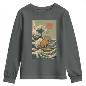 Capybara Surfing Japanese Youth Sweatshirt Vintage Great Wave Off Kanagawa Anime Kawaii TS10 Dark Heather Print Your Wear