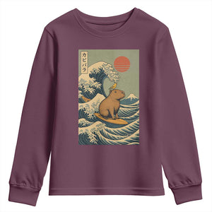 Capybara Surfing Japanese Youth Sweatshirt Vintage Great Wave Off Kanagawa Anime Kawaii TS10 Maroon Print Your Wear
