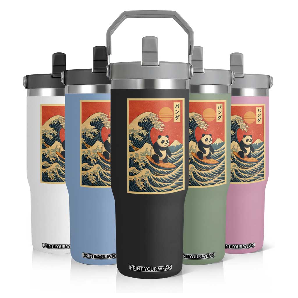 Panda Surfing Japanese Flip Straw Tumbler Vintage Great Wave Off Kanagawa Anime Kawaii TS10 Print Your Wear