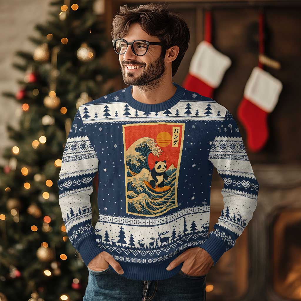 Panda Surfing Japanese Ugly Christmas Sweater Vintage Great Wave Off Kanagawa Anime Kawaii TS10 Navy Beige Print Your Wear