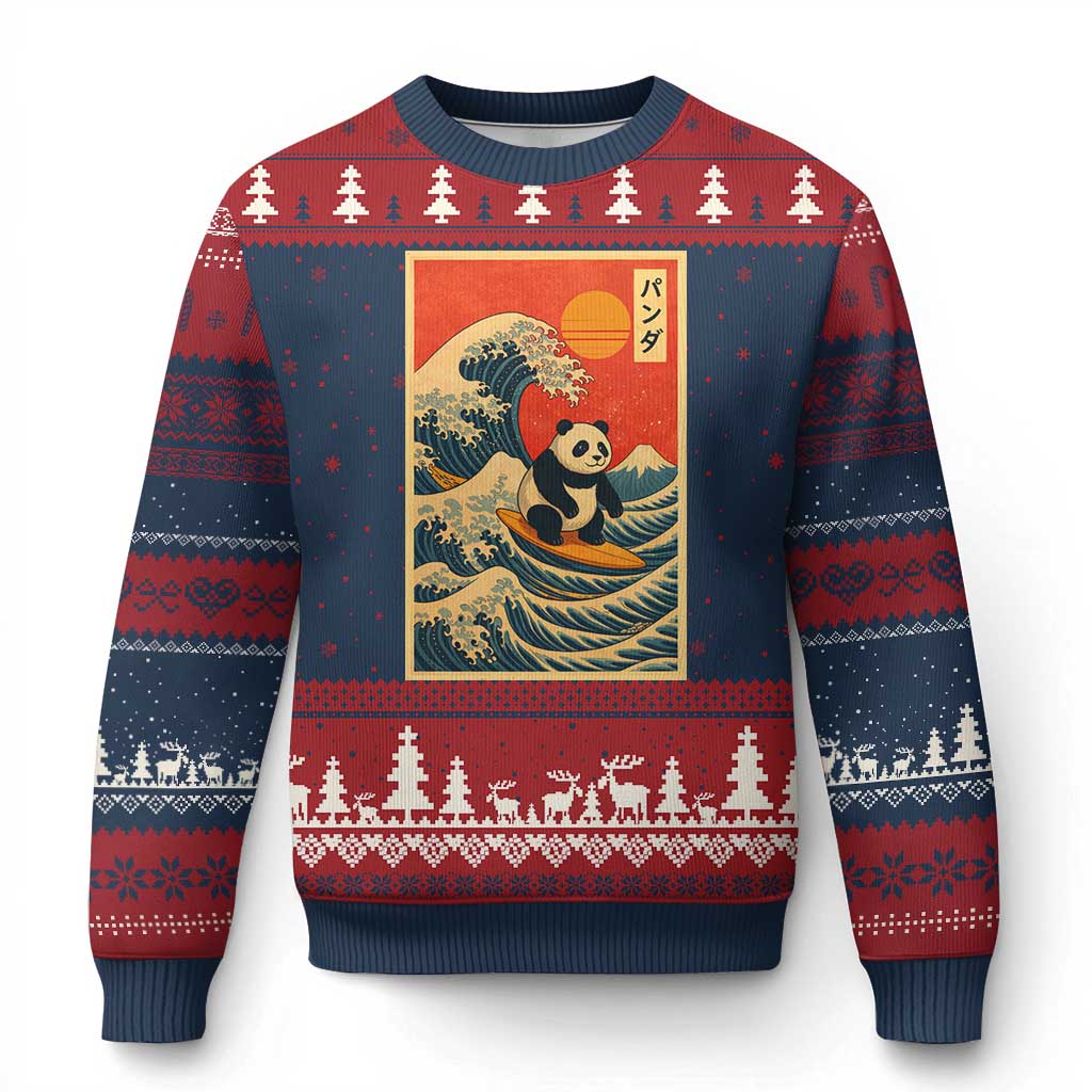 Panda Surfing Japanese Ugly Christmas Sweater Vintage Great Wave Off Kanagawa Anime Kawaii TS10 Navy Red Print Your Wear
