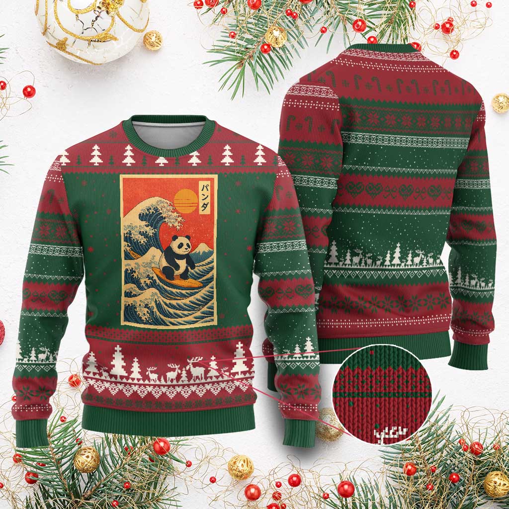 Panda Surfing Japanese Ugly Christmas Sweater Vintage Great Wave Off Kanagawa Anime Kawaii TS10 Red Green Print Your Wear
