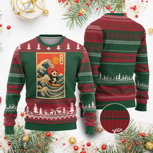 Panda Surfing Japanese Ugly Christmas Sweater Vintage Great Wave Off Kanagawa Anime Kawaii TS10 Red Green Print Your Wear