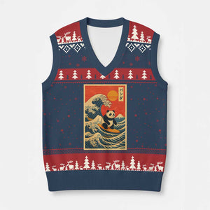 Panda Surfing Japanese V-Neck Knit Sweater Vest Vintage Great Wave Off Kanagawa Anime Kawaii TS10 Navy Red Print Your Wear