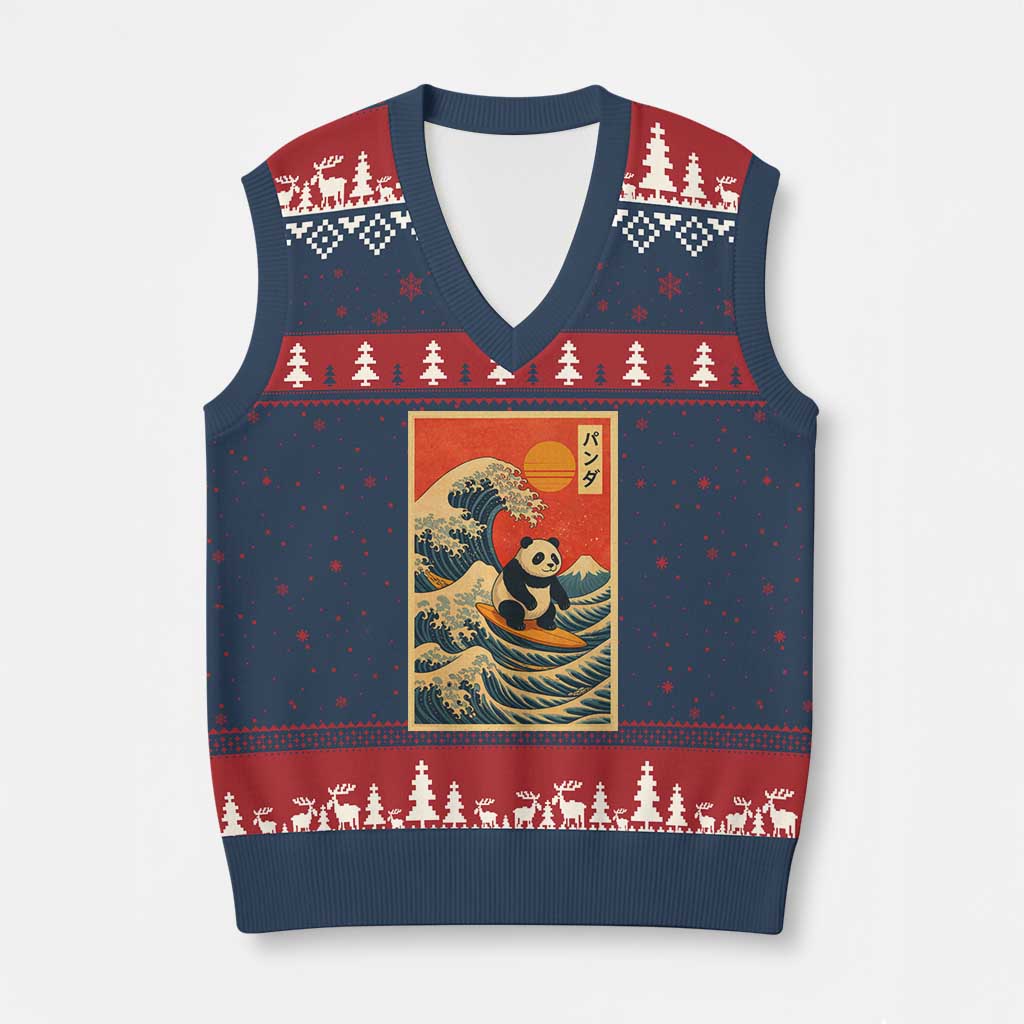 Panda Surfing Japanese V-Neck Knit Sweater Vest Vintage Great Wave Off Kanagawa Anime Kawaii TS10 Navy Red Print Your Wear
