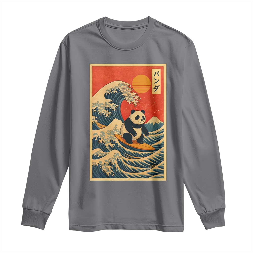 Panda Surfing Japanese Long Sleeve Shirt Vintage Great Wave Off Kanagawa Anime Kawaii TS10 Charcoal Print Your Wear