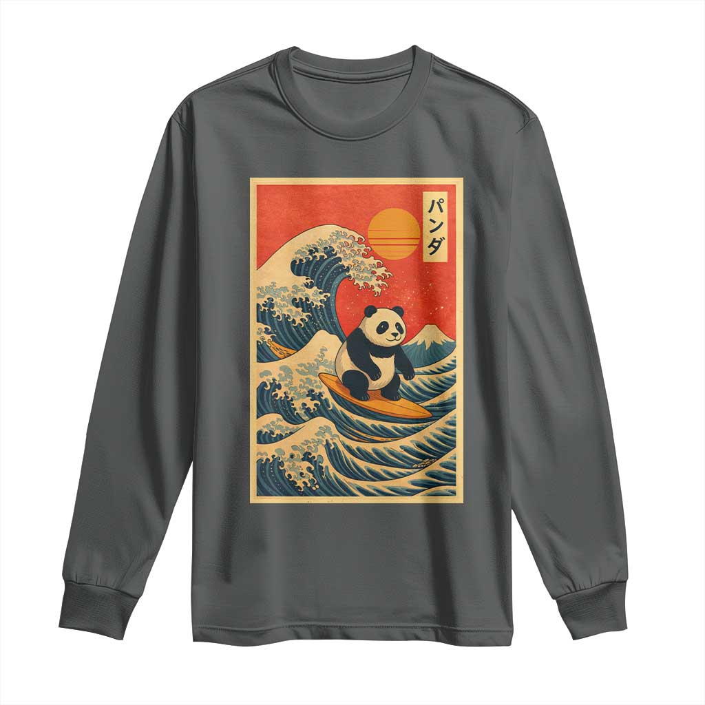Panda Surfing Japanese Long Sleeve Shirt Vintage Great Wave Off Kanagawa Anime Kawaii TS10 Dark Heather Print Your Wear