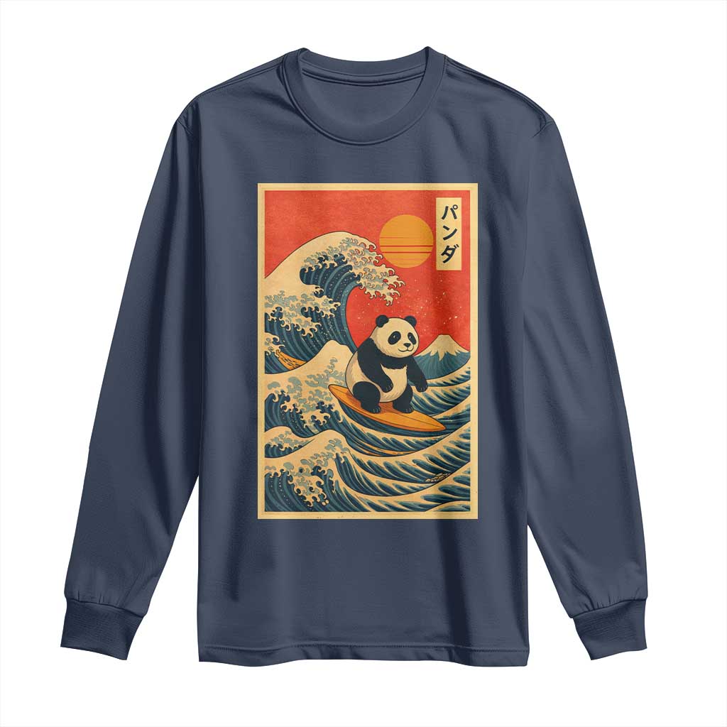 Panda Surfing Japanese Long Sleeve Shirt Vintage Great Wave Off Kanagawa Anime Kawaii TS10 Navy Print Your Wear