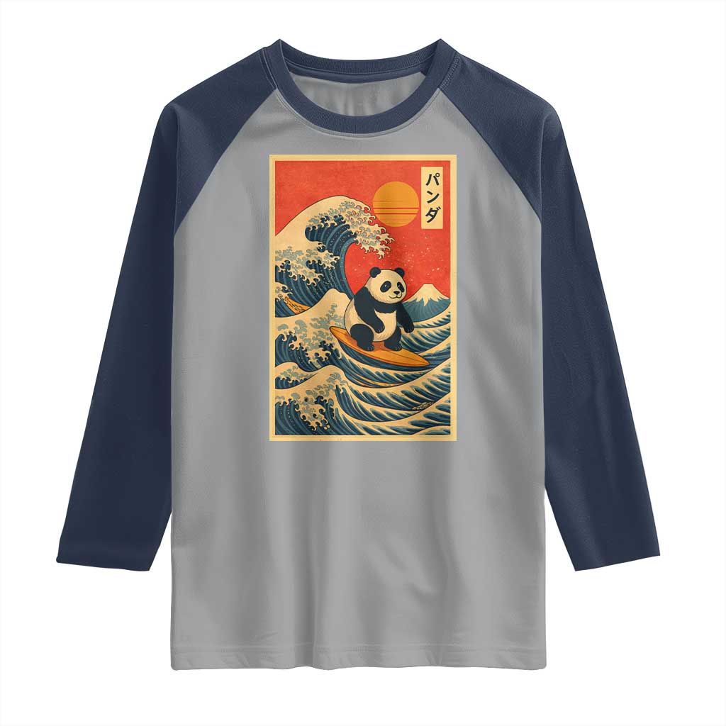 Panda Surfing Japanese Raglan Shirt Vintage Great Wave Off Kanagawa Anime Kawaii TS10 Sport Gray Navy Print Your Wear
