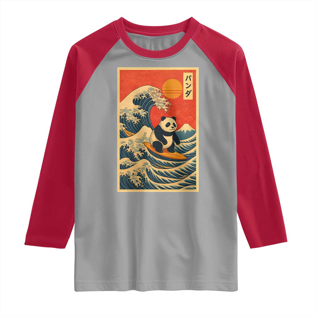 Panda Surfing Japanese Raglan Shirt Vintage Great Wave Off Kanagawa Anime Kawaii TS10 Sport Gray Red Print Your Wear