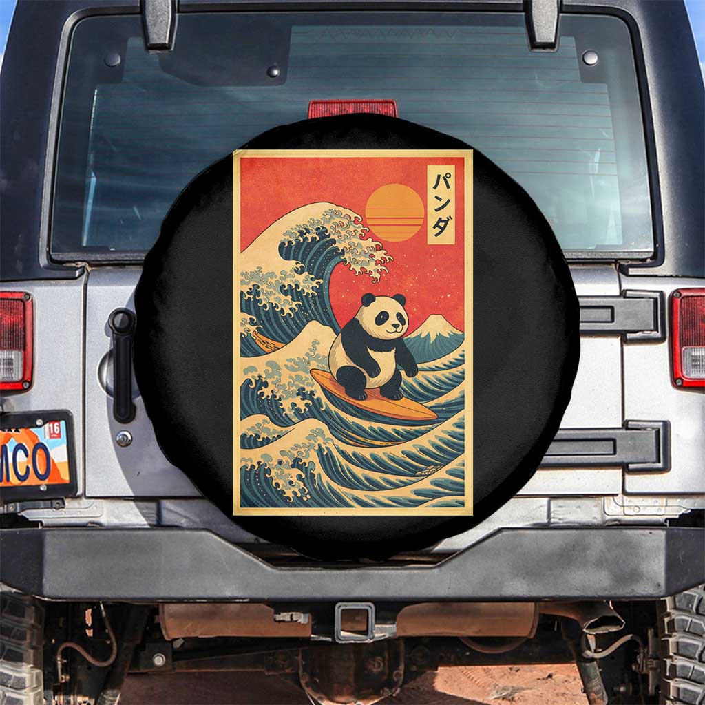 Panda Surfing Japanese Spare Tire Cover Vintage Great Wave Off Kanagawa Anime Kawaii TS10 No hole Black Print Your Wear