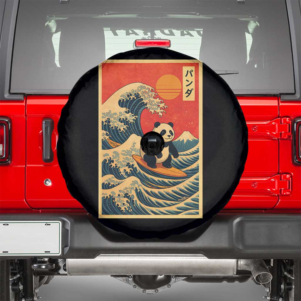 Panda Surfing Japanese Spare Tire Cover Vintage Great Wave Off Kanagawa Anime Kawaii TS10 Black Print Your Wear