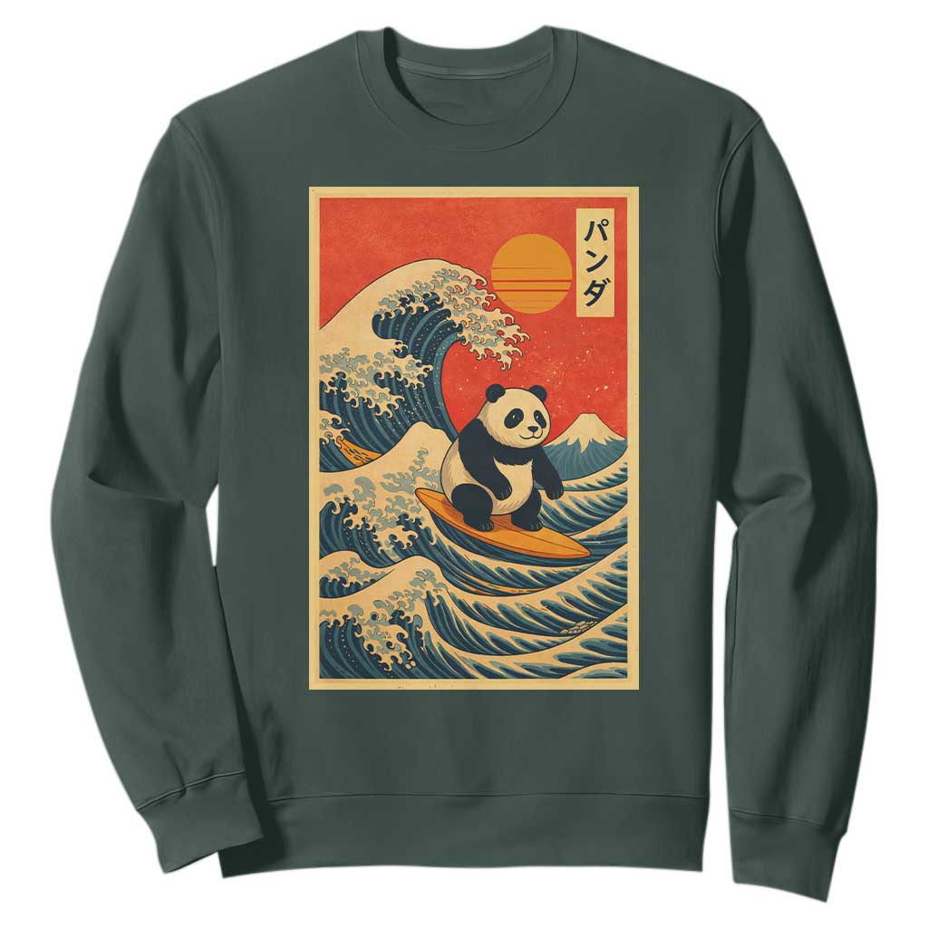 Panda Surfing Japanese Sweatshirt Vintage Great Wave Off Kanagawa Anime Kawaii TS10 Dark Forest Green Print Your Wear
